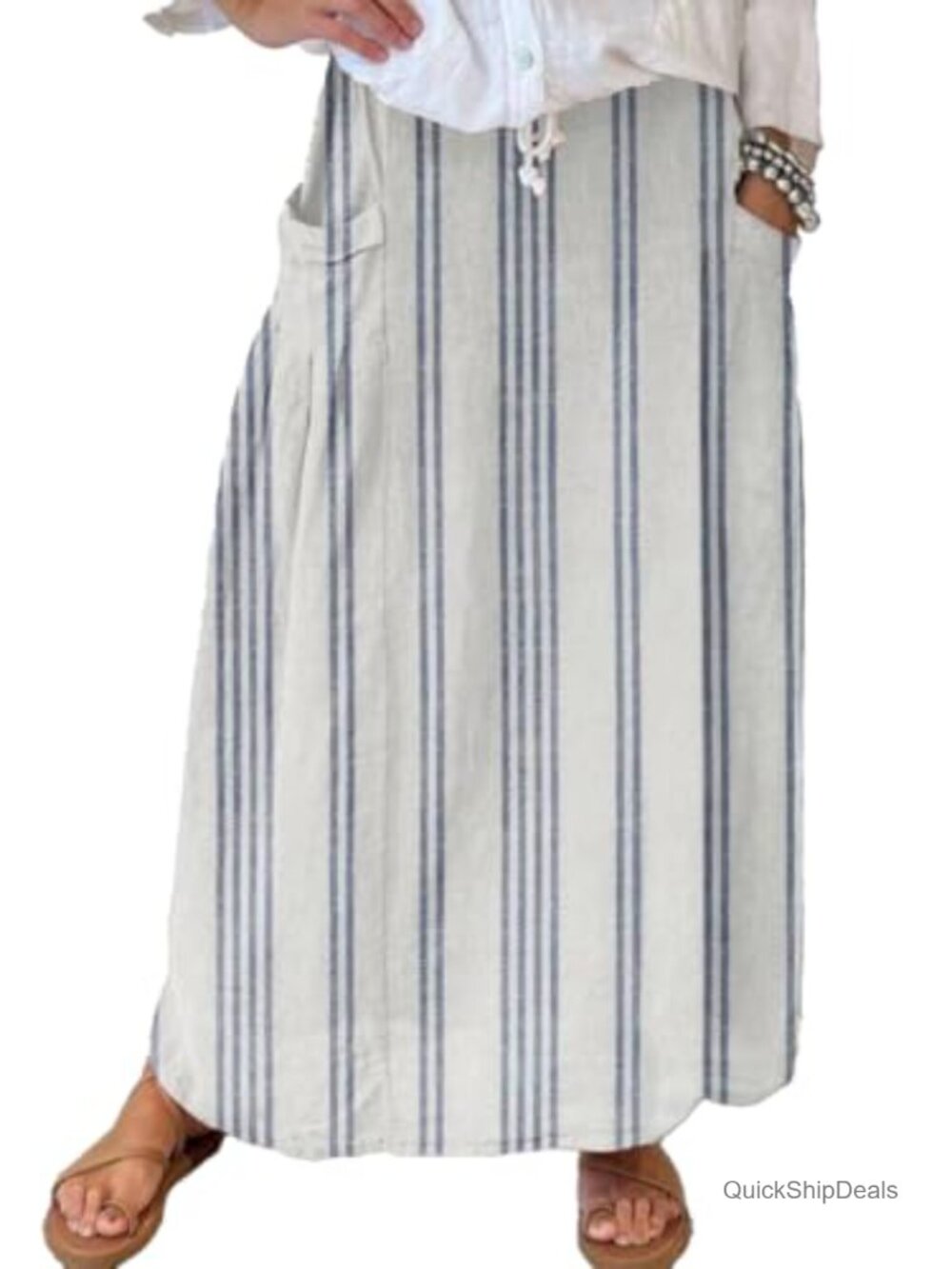 Women's Vintage Floral Striped Maxi Skirt High Waist Cotton Long Skirt with
